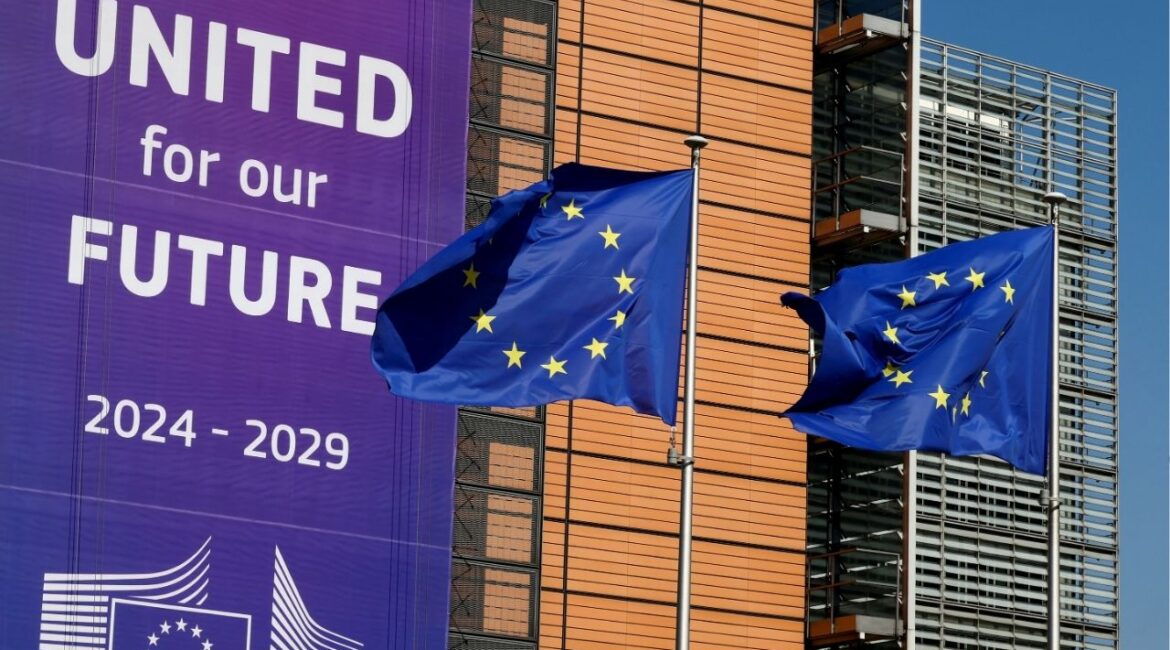 European Union flags flutter outside the European Commission headquarters in Brussels, Belgium April 9, 2025. (REUTERS/Yves Herman)