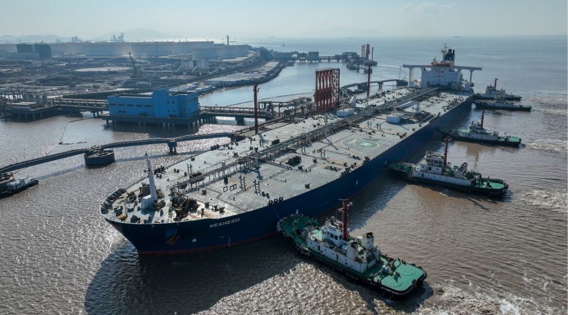 An aerial view shows a crude oil tanker at an oil terminal off Waidiao island in Zhoushan, Zhejiang province, China (January 4, 2023/File Photo)