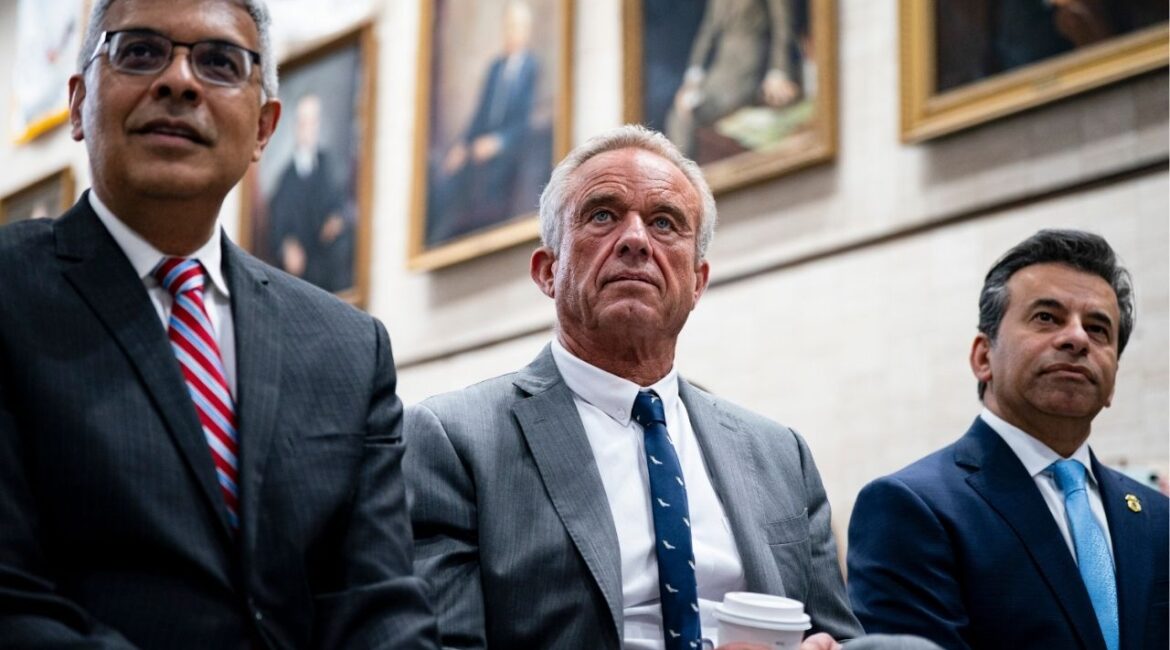 From Left, National Institutes of Health (NIH) Director Jayanta Bhattacharya, Health and Human Services Secretary Robert F. Kennedy Jr., and Food and Drug Administration (FDA) Commissioner Marty Makary, during a news conference at the Health and Human Services Department in Washington, April 22, 2025. In an interview with Dr. Phil, the health secretary offered false information about vaccine oversight and revealed a lack of basic understanding of new drug approvals. (Al Drago/The New York Times)