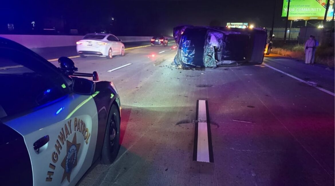 A repeat DUI offender with five prior convictions was arrested after stopping his truck in the middle of Highway 99 in Fresno County, causing a crash that flipped another vehicle and blocked all northbound lanes. (CHP)