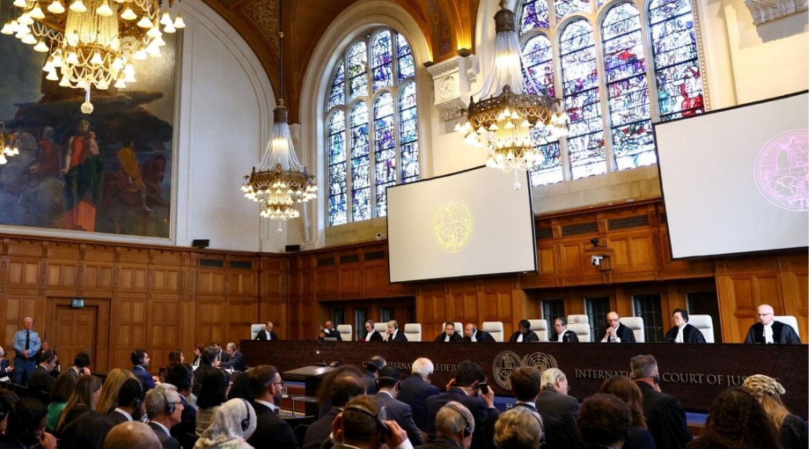 Judges attend a hearing at The International Court of Justice (ICJ) in the ongoing case regarding Israel's occupation of Palestinian territories, in The Hague, Netherlands, April 28, 2025. REUTERS/Piroschka van de Wouw