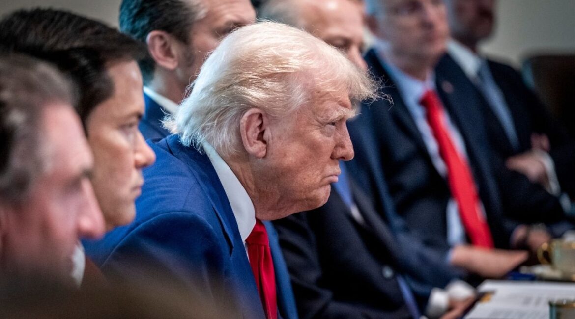 President Donald Trump listens during a Cabinet meeting at the White House in Washington on Wednesday, April 30, 2025. The report that the economy contracted in the first quarter underscored how much President Trump has at risk as he pursues an aggressive trade war. (Pete Marovich/The New York Times)