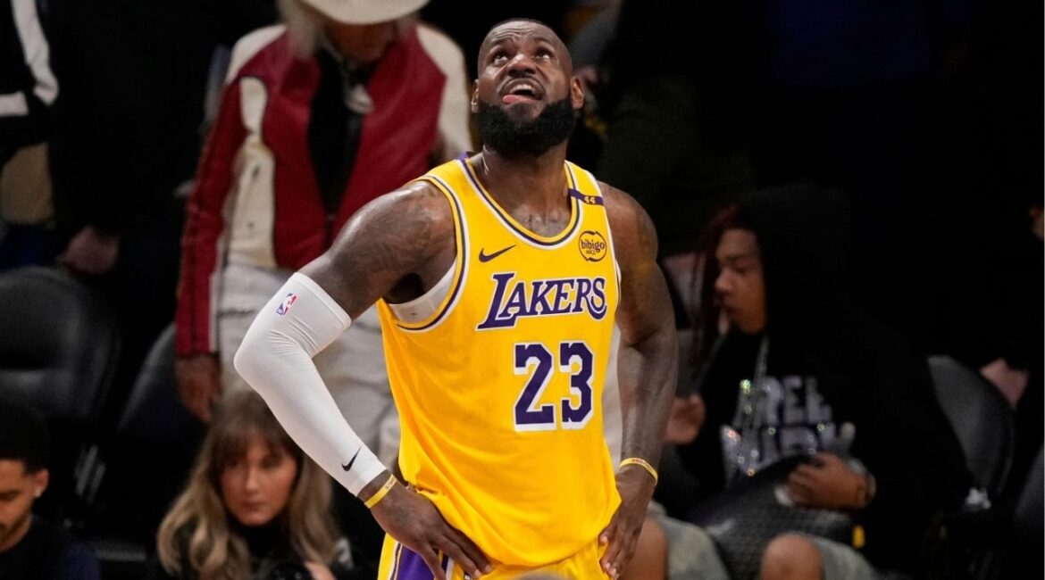 Los Angeles Lakers forward LeBron James looks up toward the scoreboard in the closing seconds in Game 5 of an NBA basketball first-round playoff series against the Minnesota Timberwolves, Wednesday, April 30, 2025, in Los Angeles. (AP/Mark J. Terrill)