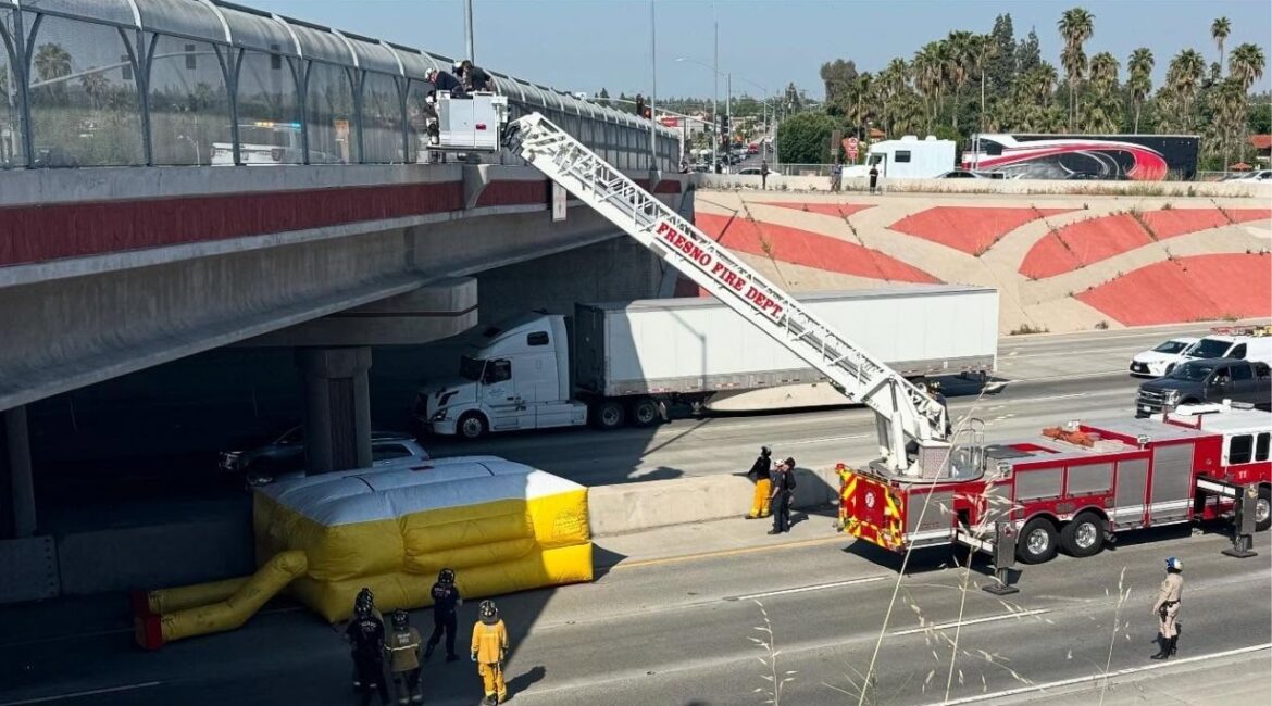Fresno first responders successfully rescued an individual from the Hwy 99/Clinton Ave. overpass Thursday, April 1, 2025, bringing them to safety without injury. (Fresno FD)