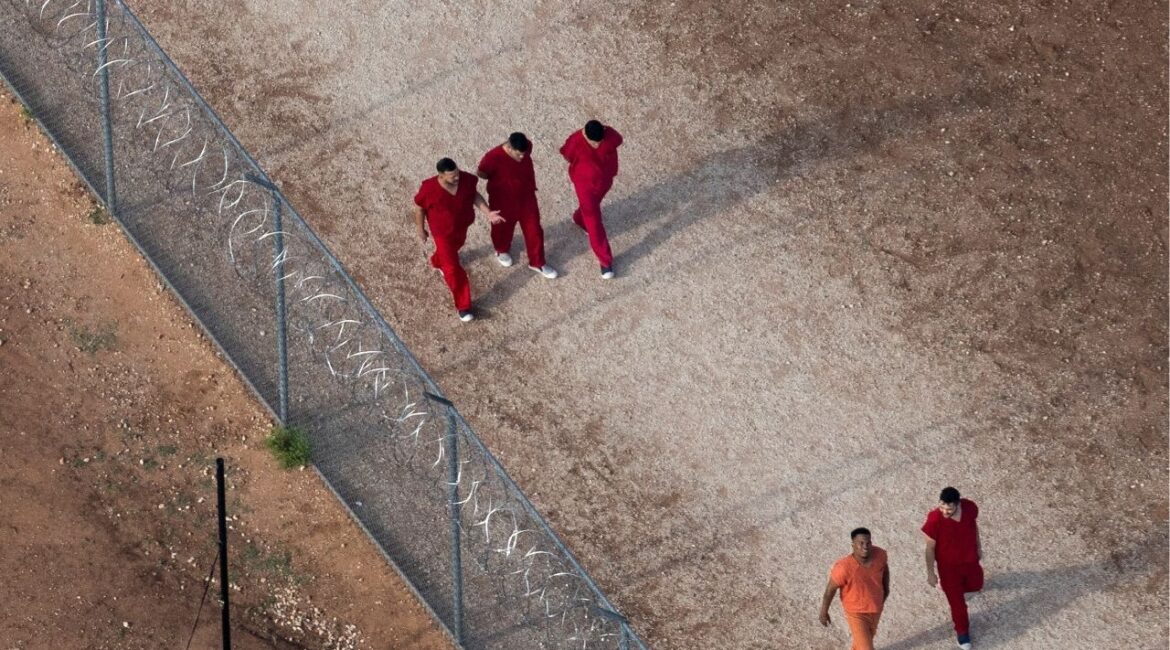 An aerial view shows Diover Millan of Venezuela, top left, and other detainees at the Bluebonnet Detention Facility, the facility where Venezuelans at the center of a U.S. Supreme Court ruling are held, in Anson, Texas, U.S., April 23, 2025. (REUTERS/Daniel Cole/File Photo)