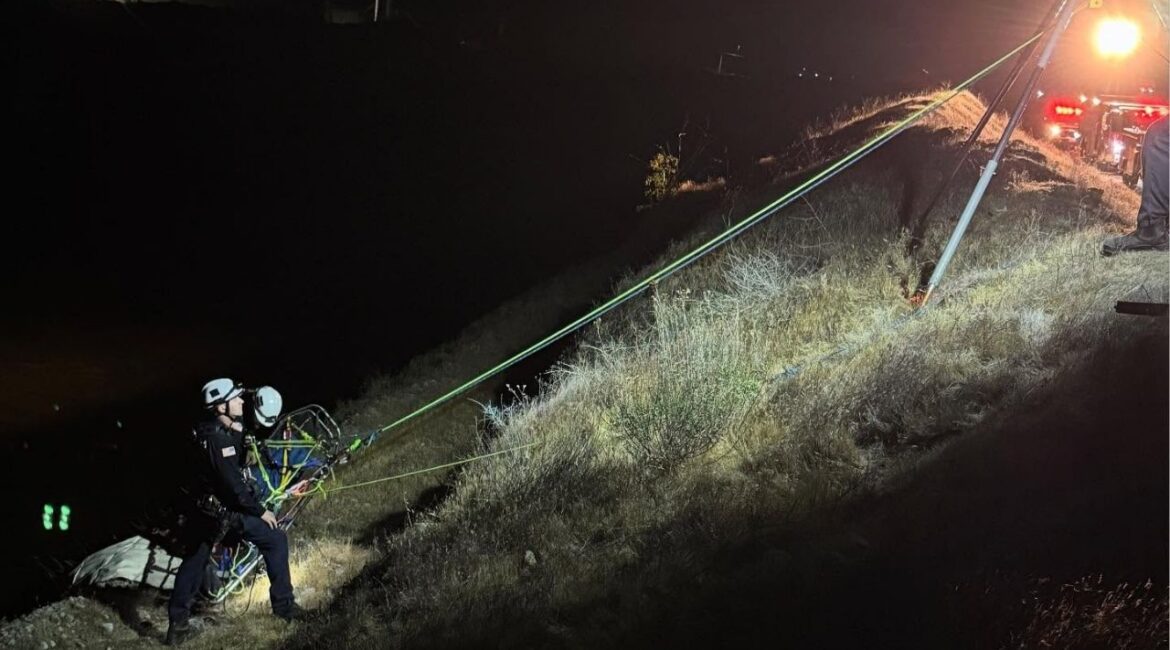 A man was rescued early Thursday, May 1, 2025, after falling 60 feet into a ponding basin near Coalinga and was taken to a local hospital for evaluation. (CAL FIRE)