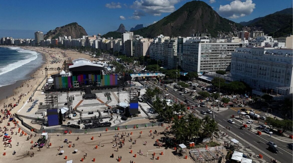 A drone view shows the stage for Lady Gaga's free concert on Copacabana beach in Rio de Janeiro, Brazil May 2, 2025. (REUTERS/Janaina Quinnet)
