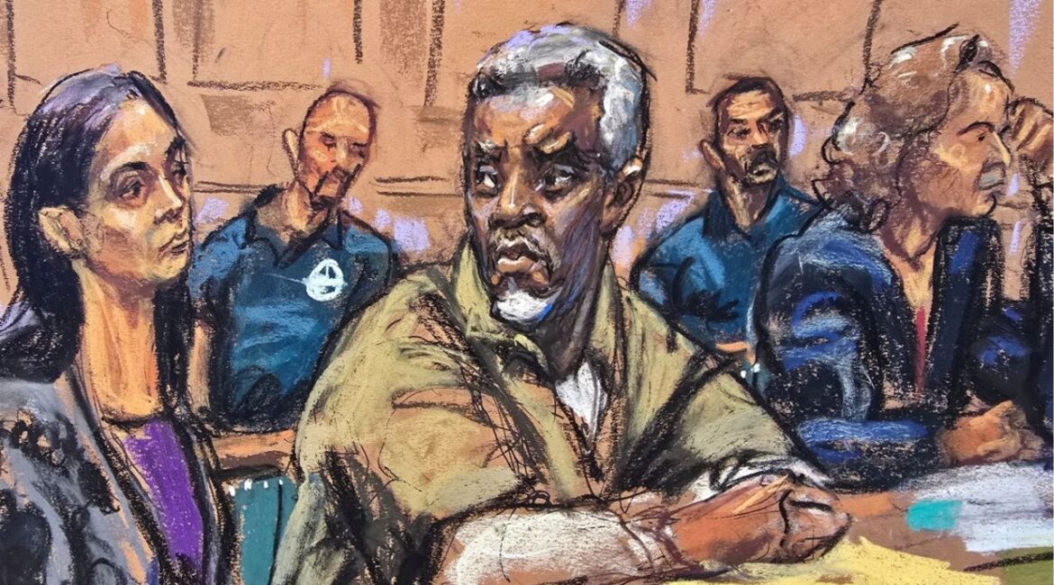 Sean "Diddy" Combs sits with members of his defense team Teny Geragos and Alexandra Shapiro for a conference ahead of his trial next month on sex trafficking charges, in New York, U.S., April 18, 2025, in this courtroom sketch. (REUTERS/Jane Rosenberg/File Photo)