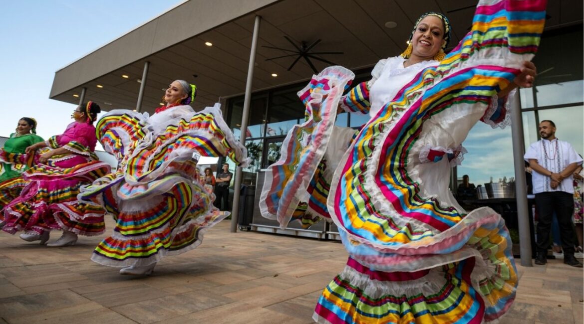 Folklorico dancers from the group Viva Mexico perform their routine during a Cinco de Mayo celebration and mixer hosted by the Odessa Hispanic Chamber of Commerce at the Odessa Marriott Hotel and Convention Center, May 5, 2021, in Odessa, Texas. (AP File)