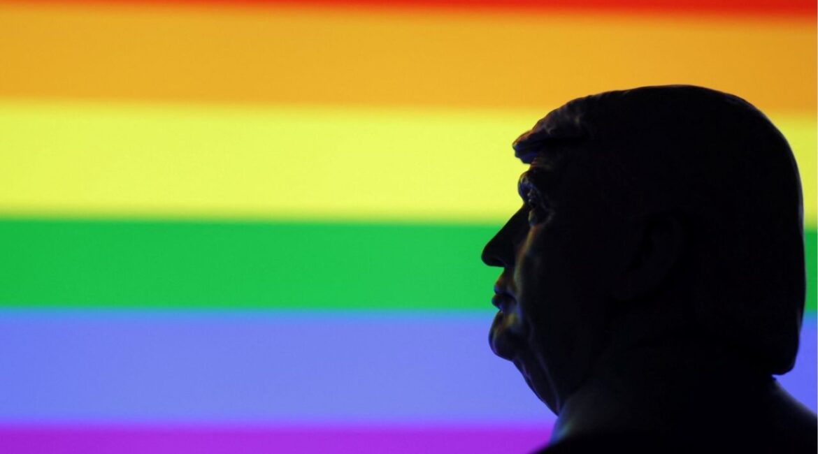 A 3D-printed miniature model of U.S. President Donald Trump with the LGBTQ flag in the background is seen in this illustration taken April 23, 2025. (REUTERS/Dado Ruvic/Illustration/File Photo)
