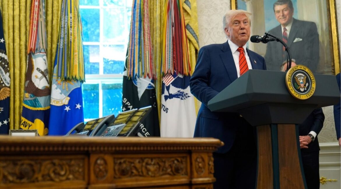President Donald Trump speaks before Steve Witkoff is sworn as special envoy during a ceremony in the Oval Office of the White House, Tuesday, May 6, 2025, in Washington. (AP/Mark Schiefelbein)