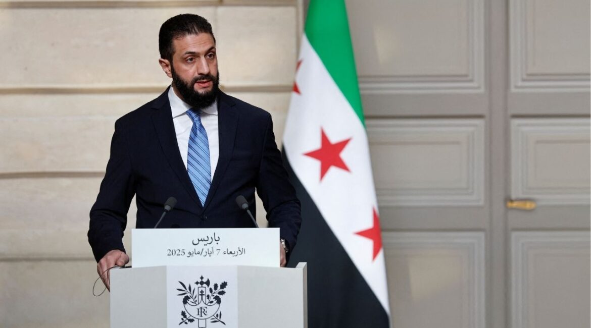 Syrian President Ahmed al-Sharaa speaks during a joint press conference with French President Emmanuel Macron after a meeting at the Elysee Palace in Paris, France, May 7, 2025. (REUTERS/Stephanie Lecocq/Pool)