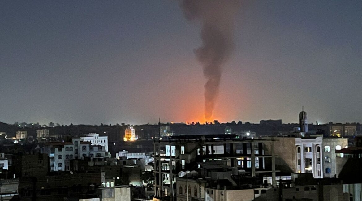 Smoke rises in the sky following U.S-led airstrikes in Sanaa, Yemen, February 25, 2024. (REUTERS/Adel Al Khader/File Photo)