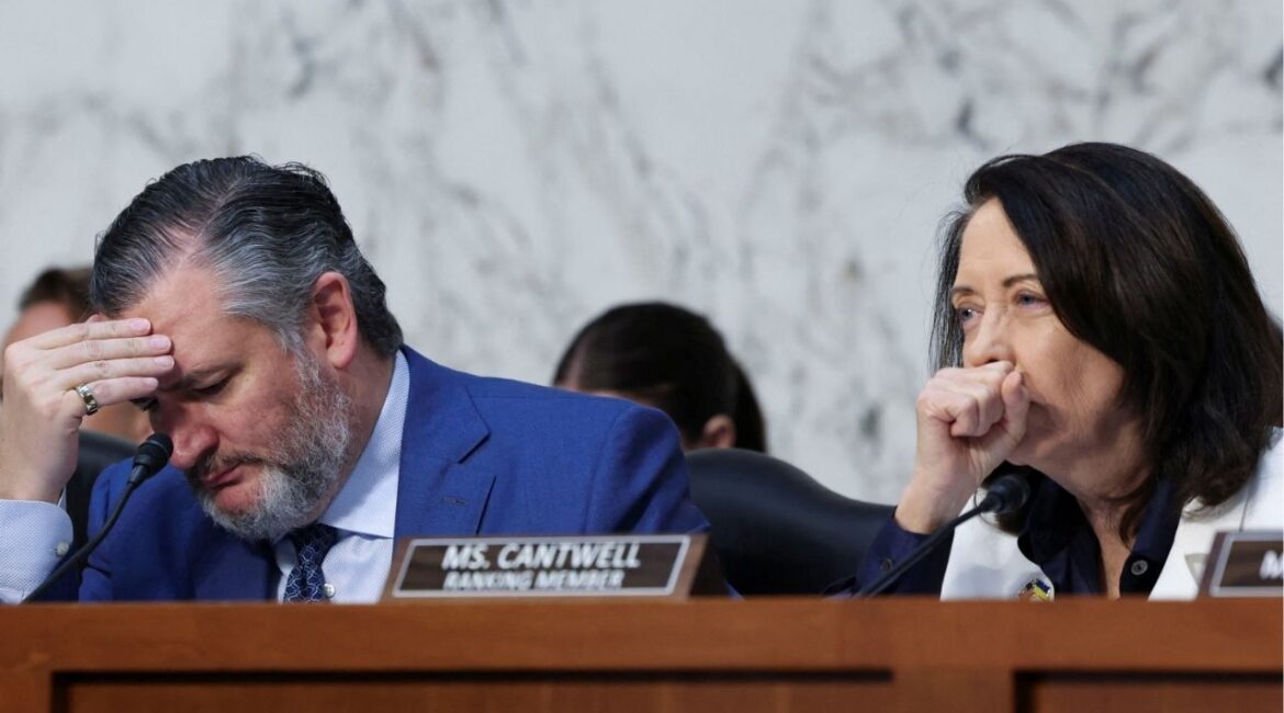 Senate Commerce, Science, and Transportation Committee Chairman Ted Cruz (R-TX) and Ranking Member Cantwell (D-WA) listen as OpenAI CEO Sam Altman testifies before a Senate Commerce, Science, and Transportation Committee hearing titled “Winning the AI Race: Strengthening U.S. Capabilities in Computing and Innovation,” on Capitol Hill in Washington, D.C., U.S., May 8, 2025. (REUTERS/Jonathan Ernst)