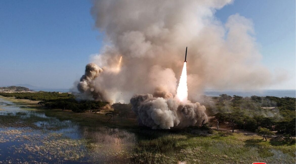 A handout photo shows missiles being launched, in North Korea, May 8, 2025. KCNA via REUTERS
