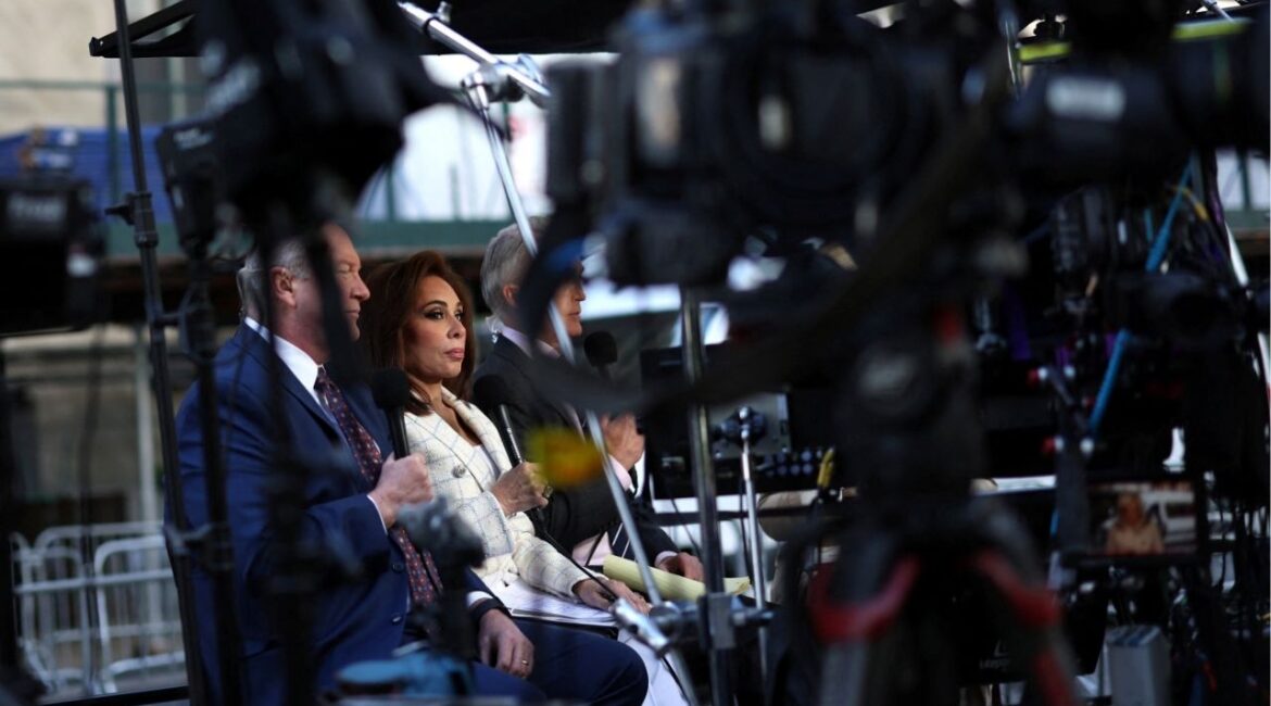Fox News Channel host Jeanine Pirro and other members of the news media work outside the Manhattan Criminal Court building during the 2nd day of jury deliberations in former U.S. President Donald Trump’s criminal trial over charges that he falsified business records to conceal money paid to silence porn star Stormy Daniels in 2016, in New York City, U.S. May 30, 2024. REUTERS/Mike Segar