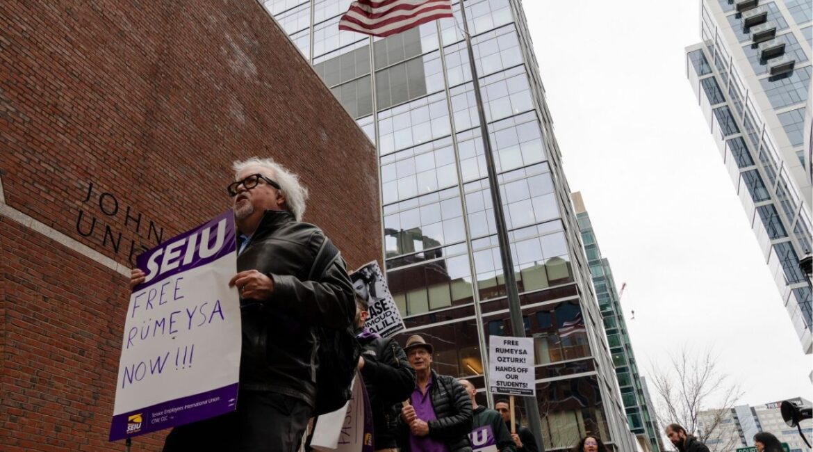 People rally in support of Rumeysa Ozturk during a hearing at the John Joseph Moakley United States Courthouse in Boston, on April 3, 2025. A federal judge said Ozturk’s detention threatened to chill the speech of millions of noncitizens. (Sophie Park/The New York Times)