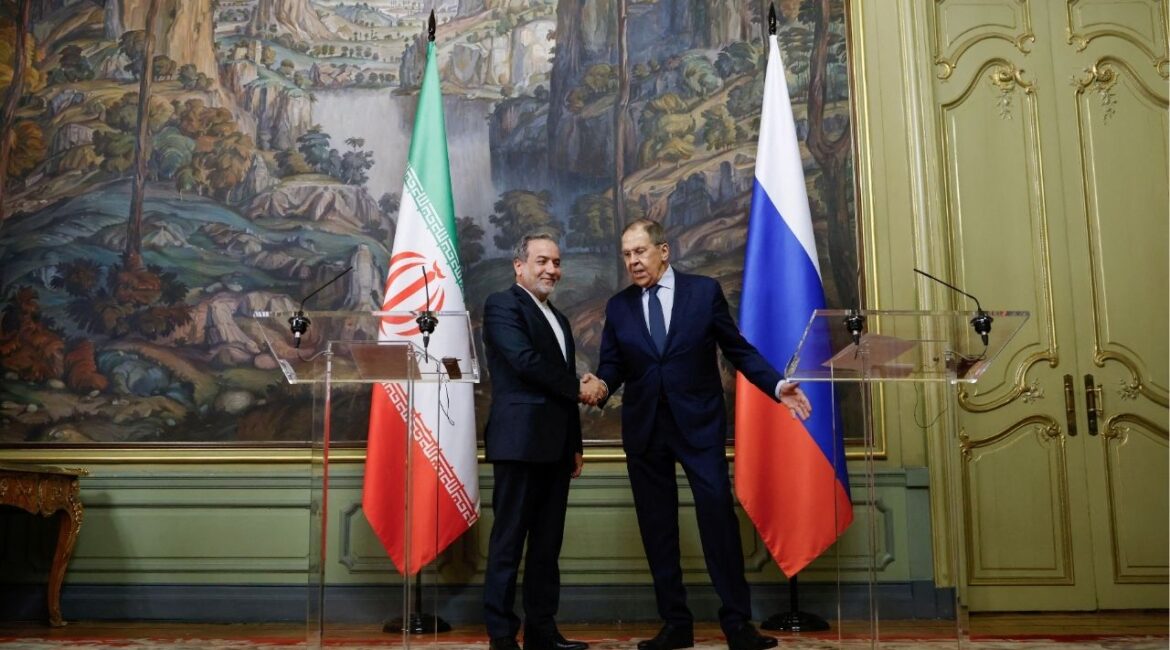 Russia's Foreign Minister Sergei Lavrov and Iran's Foreign Minister Abbas Araqchi shake hands during a press conference following their talks in Moscow, Russia, April 18, 2025. Tatyana Makeyeva/Pool via REUTERS/File Photo