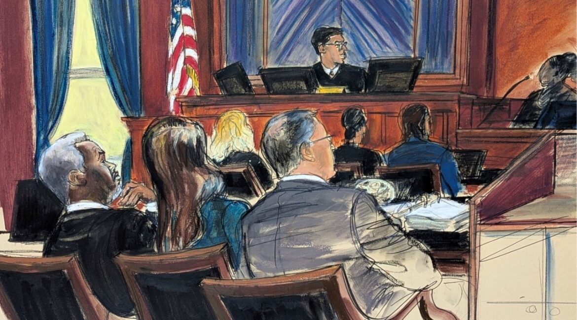 Sean 'Diddy' Combs, far left, looks on from the defense table with his attorneys, as a prospective juror, far right, answers questions posed by Judge Arun Subramanian, center, at Manhattan federal court, Monday, May 5, 2025, in New York. (Elizabeth Williams via AP)