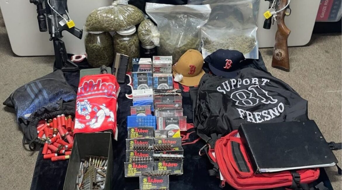 Fowler police and sheriff’s deputies arrested two residents Monday, May 12, 2025, after finding illegal firearms, drugs, and stolen property during a search of their home. (Fowler PD)
