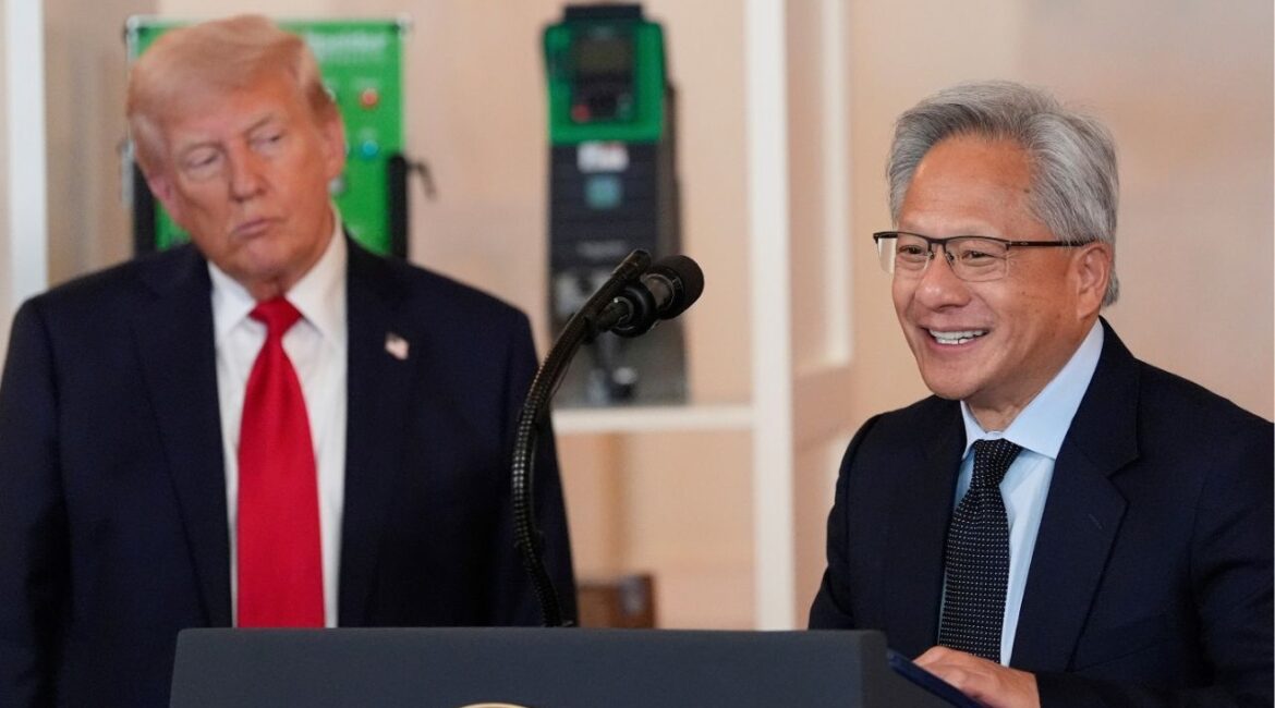 President Donald Trump listens as Nvidia CEO Jensen Huang speaks during an event about investing in America in the Cross Hall of the White House, Wednesday, April 30, 2025, in Washington. (AP/Alex Brandon)