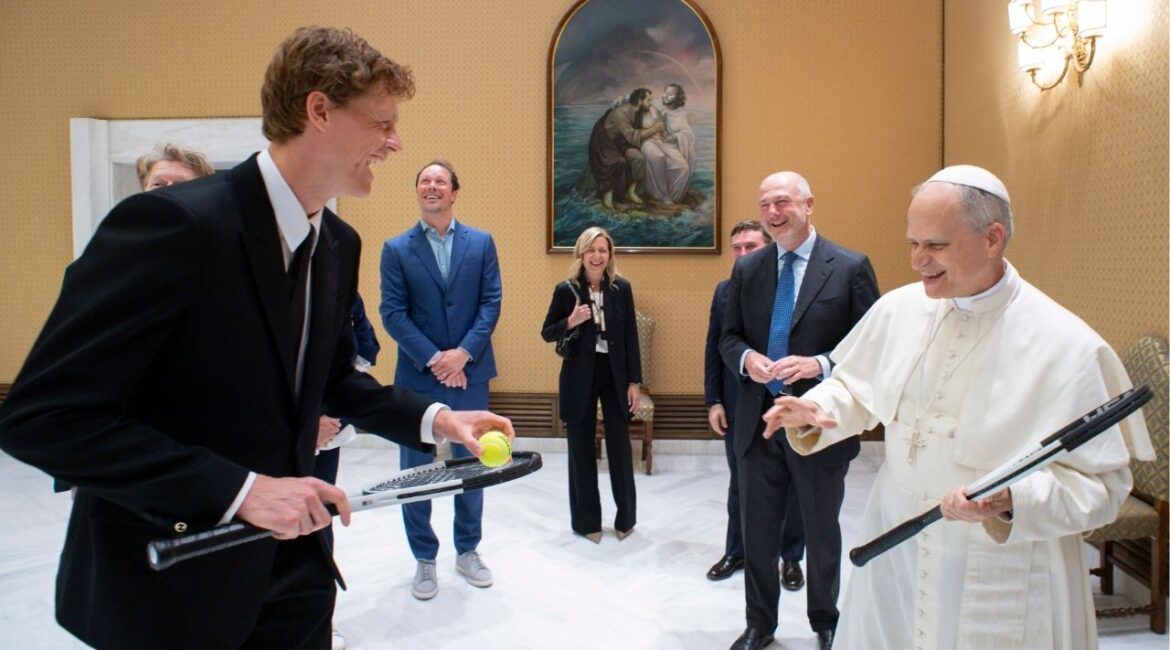 Italy's Jannik Sinner, left, shares a light moment with Pope Leo XIV on the occasion of their meeting at the Vatican, Wednesday, May 14, 2025. (Vatican Media via AP)