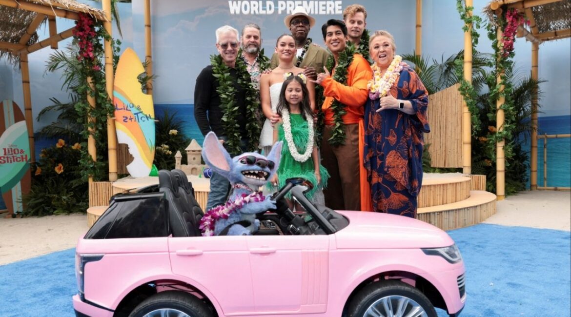 Chris Sanders, Billy Magnussen, Zach Galifianakis, Maia Kealoha, Sydney Agudong, Courtney B. Vance, Kaipo Dudoit, Amy Hill and Stitch attend a premiere for the film "Lilo & Stitch" in Los Angeles, California, U.S. May 17, 2025. REUTERS/Mario Anzuoni/File Photo