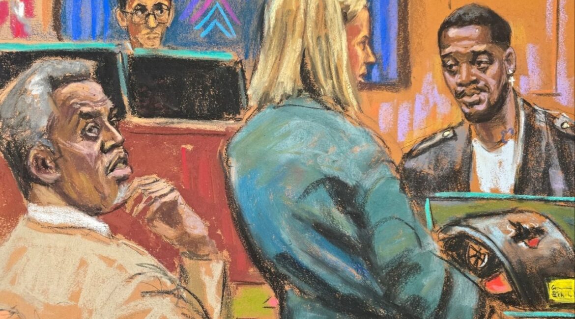 Prosecutor Emily Johnson questions rapper Kid Cudi as he testifies at Sean "Diddy" Combs' sex trafficking trial in New York City, New York, U.S., May 22, 2025 in this courtroom sketch. REUTERS/Jane Rosenberg/File Photo