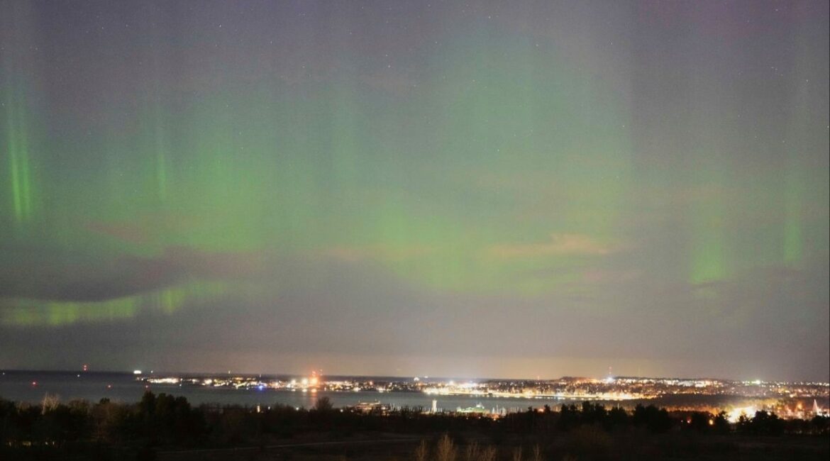 An aurora borealis, also known as the northern lights, is seen in the night sky over the Tallinn bay of the Baltic sea in Tallinn, Estonia, April 2, 2025. (AP File)
