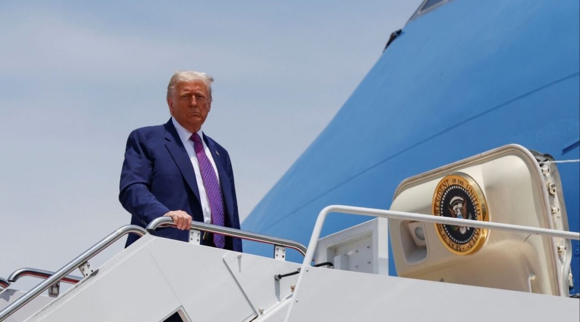 U.S. President Donald Trump boards Air Force One as he departs for North Carolina at Joint Base Andrews, Maryland, U.S., June 10, 2025. REUTERS/Evelyn Hockstein