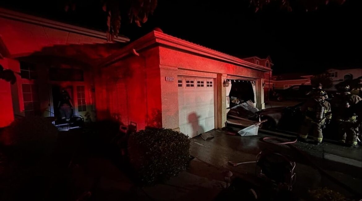 A vehicle fire early Monday, June 16, 2025, in Fresno spread to a home’s garage but was quickly contained by firefighters, with no injuries reported. (Fresno FD)