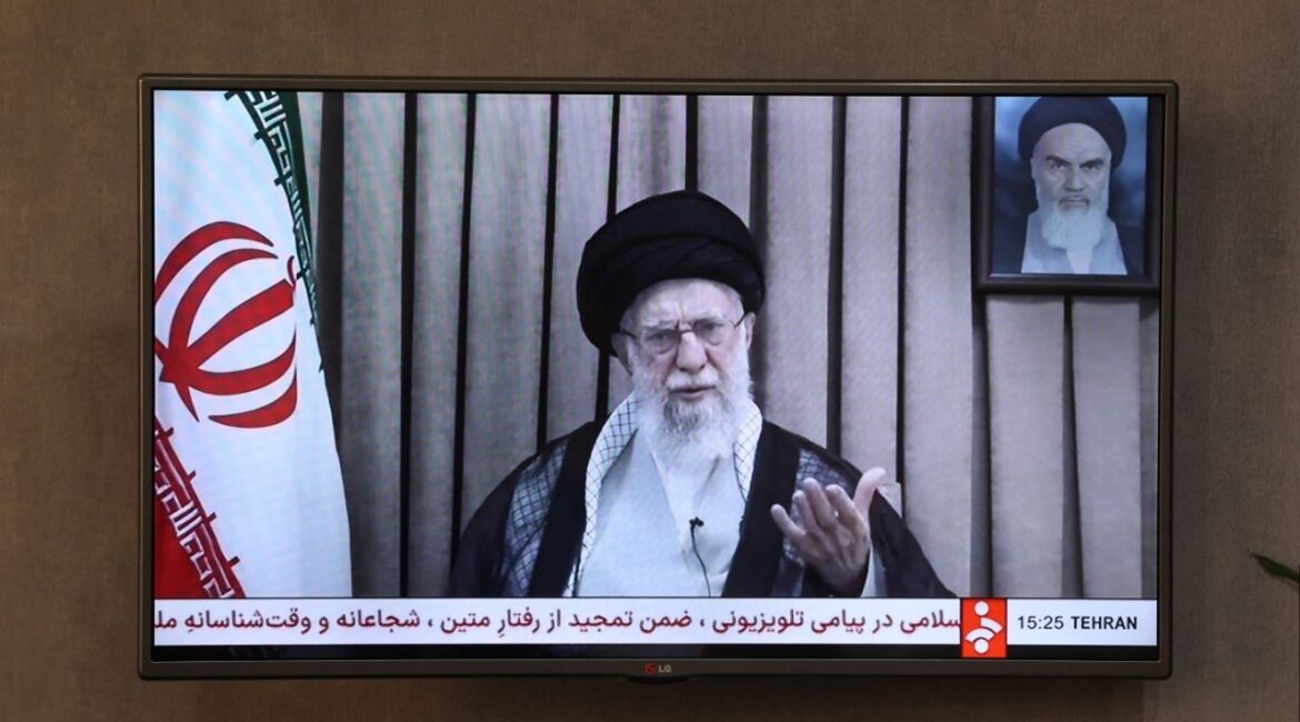 A TV screen displays the televised message of Iran's Supreme Leader, Ayatollah Ali Khamenei, during the Iran-Israel conflict in Tehran, Iran, June 18, 2025. Majid Asgaripour/WANA (West Asia News Agency) via REUTERS/File Photo
