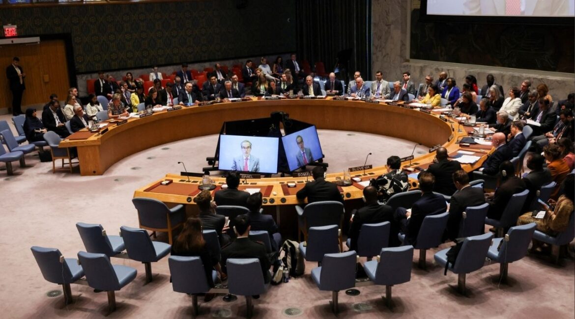 Rafael Mariano Grossi, Director General of the International Atomic Energy Agency (IAEA) speaks via video during a meeting of the United Nations Security Council, about the conflict between Israel and Iran, at U.N. headquarters in New York City, U.S., June 20, 2025. (Reuters/Brendan McDermid)