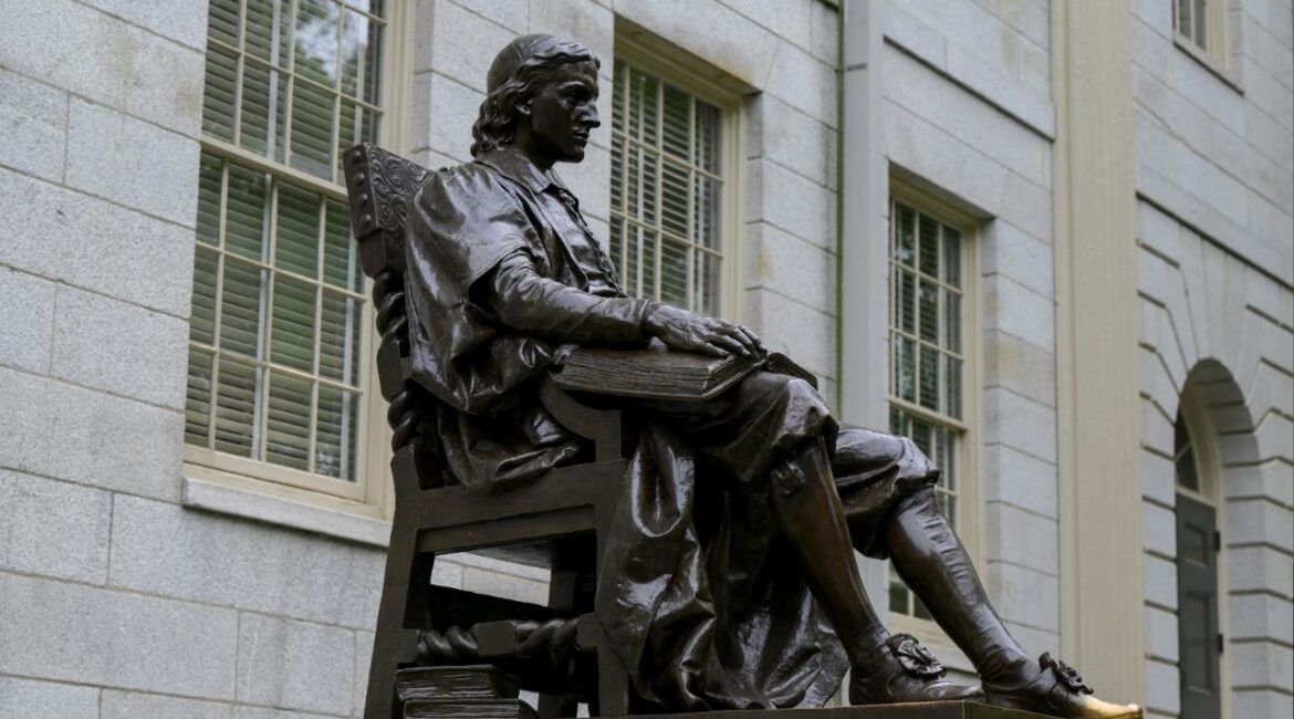 The John Harvard statue on the campus of Harvard University in Cambridge, Massachusetts, U.S., May 23, 2025. (Reuters/Faith Ninivaggi)