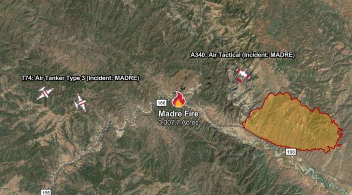 A wildfire dubbed the Madre Fire has burned over 3,300 acres near New Cuyama with 0% containment, officials said Wednesday, July 2, 2025. (CalFire)