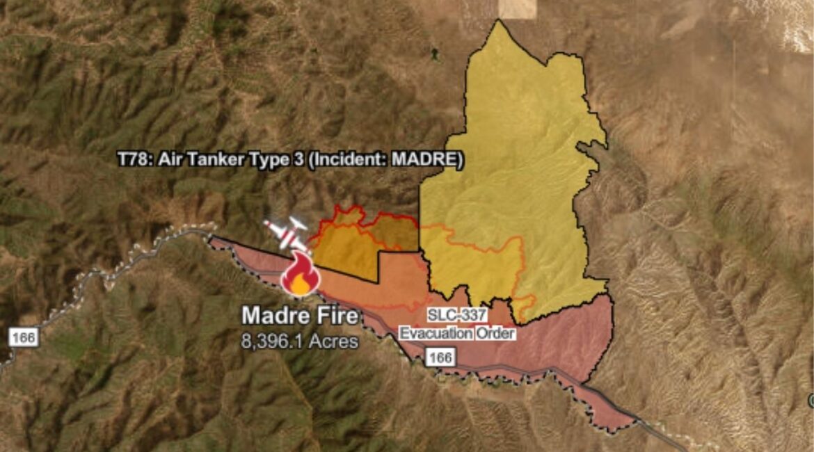The Madre Fire in San Luis Obispo County has rapidly expanded to 8,396 acres with no containment, prompting evacuation orders and warnings near New Cuyama. (CalFire)
