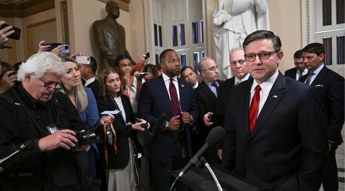 Speaker of the House Mike Johnson speaks to the press, as Republican lawmakers struggle to pass U.S. President Donald Trump's sweeping spending and tax bill, on Capitol Hill, in Washington, D.C., U.S., July 2, 2025. (Reuters/Annabelle Gordon)