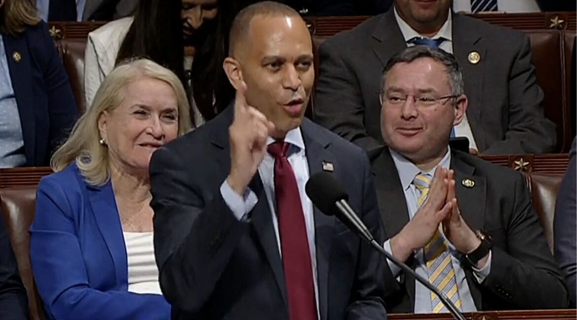 U.S. House Minority Leader Hakeem Jeffries (D-NY) delivers a marathon speech in opposition to U.S. President Donald Trump's massive tax-cut and spending bill, ahead of a vote on final passage of the legislation in the House of Representatives inside the House Chamber of the U.S. Capitol, in this still image from video in Washington, D.C., U.S., July 3, 2025. U.S. House TV/Handout via Reuters