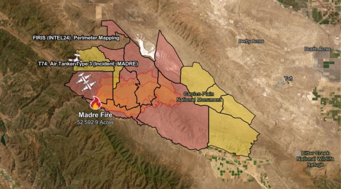 The Madre Fire near New Cuyama has burned 52,593 acres with 5% containment, prompting evacuation orders in several San Luis Obispo County zones as of Thursday, July 3, 2025, afternoon. (CalFire)