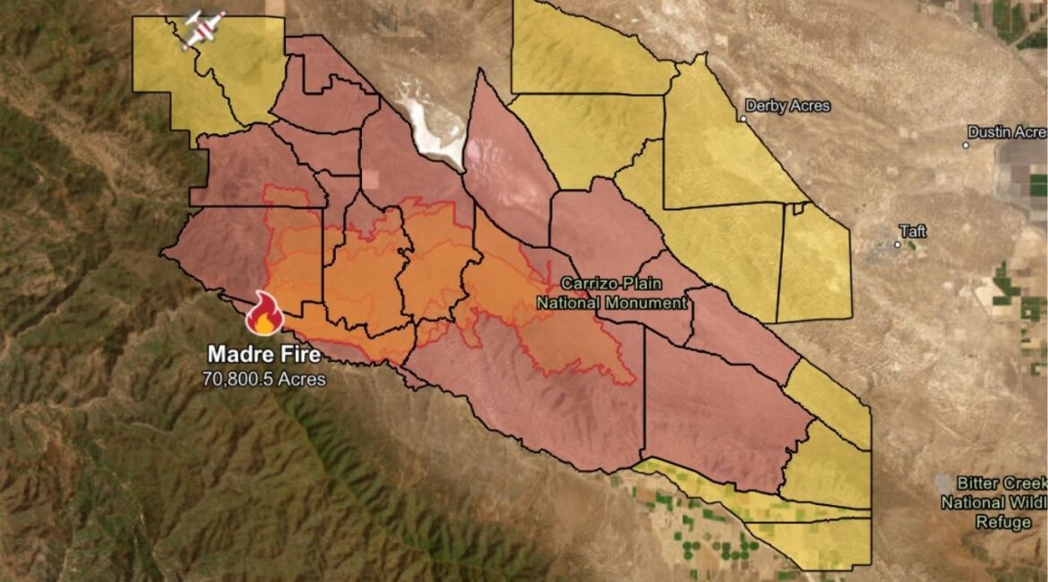 The Madre Fire burning near New Cuyama has scorched 70,801 acres as of Friday, July 4, 2025, afternoon, making it California’s largest wildfire of the year, with only 10% containment and multiple evacuation zones in place. (CalFire)