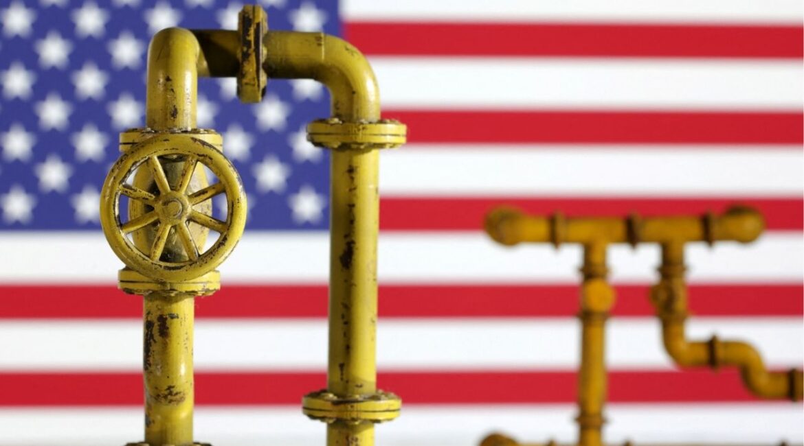 Model of natural gas pipeline and U.S. flag, July 18, 2022. (Reuters File)
