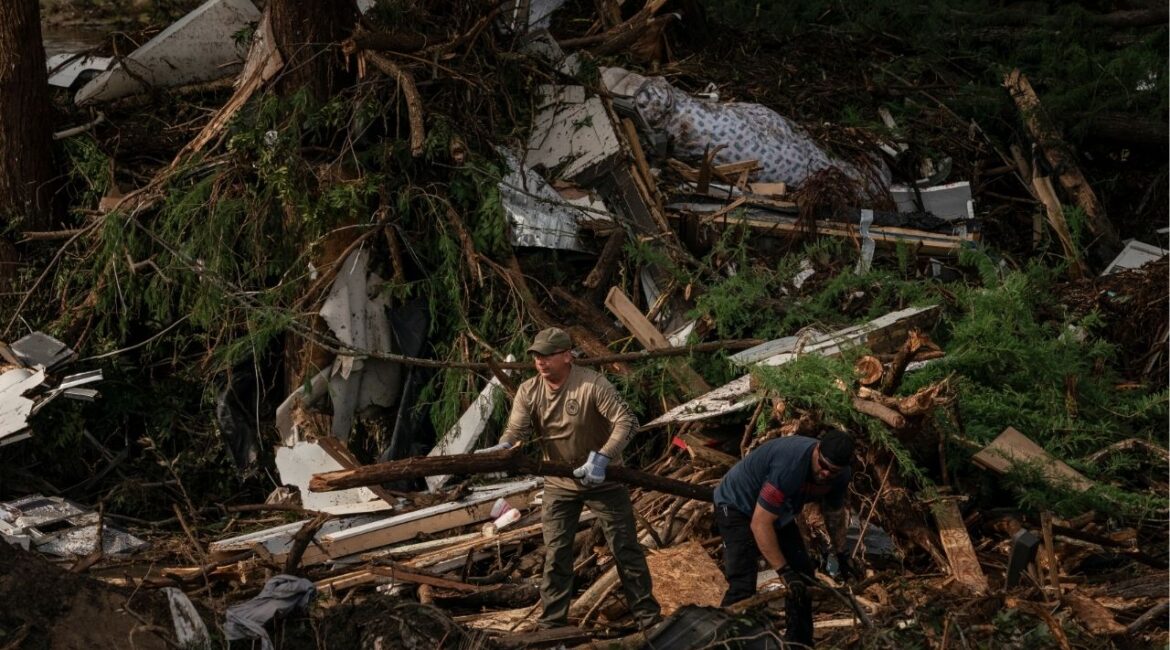 First responders look through debris along the bank of the swollen Guadalupe River in Kerrville, Texas, on Monday, July 7, 2025. Camp Mystic, the all-girls Christian summer camp hit by the catastrophic flooding in Central Texas, confirmed on Monday that at least 27 campers and counselors had died, calling the disaster an “unimaginable tragedy.” (Loren Elliott/The New York Times)