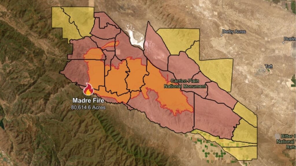 The Madre Fire near New Cuyama has burned more than 80,615 acres, injured one firefighter, and prompted multiple evacuation orders as crews work to contain the growing wildfire. (CalFire)