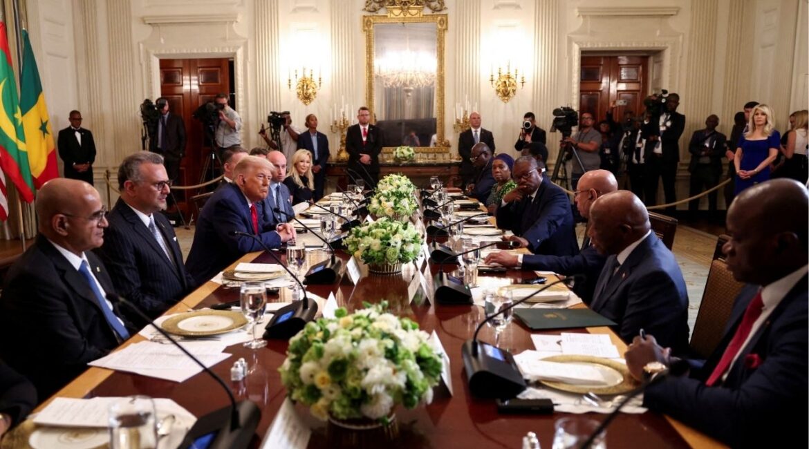 Senegal's President Bassirou Diomaye Faye, Guinea-Bissau's President Umaro Sissoco, Mauritania's President Mohamed Ould Ghazouani, Liberian President Joseph Boakai and Gabon's President Brice Oligui Nguema attend a lunch for African representatives of Gabon, Guinea-Bissau, Liberia, Mauritania, and Senegal hosted by U.S. President Donald Trump in the State Dining Room at the White House in Washington, D.C., U.S., July 9, 2025. (Reuters/Kevin Lamarque)