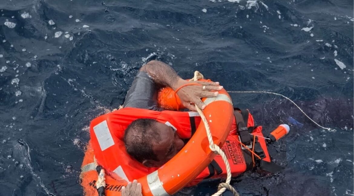 A crew said to be from cargo ship Eternity C, which sank after being attacked, is seen at sea during a rescue operation, off Yemen, in this handout image released on July 9, 2025. Diaplous/Handout via REUTERS