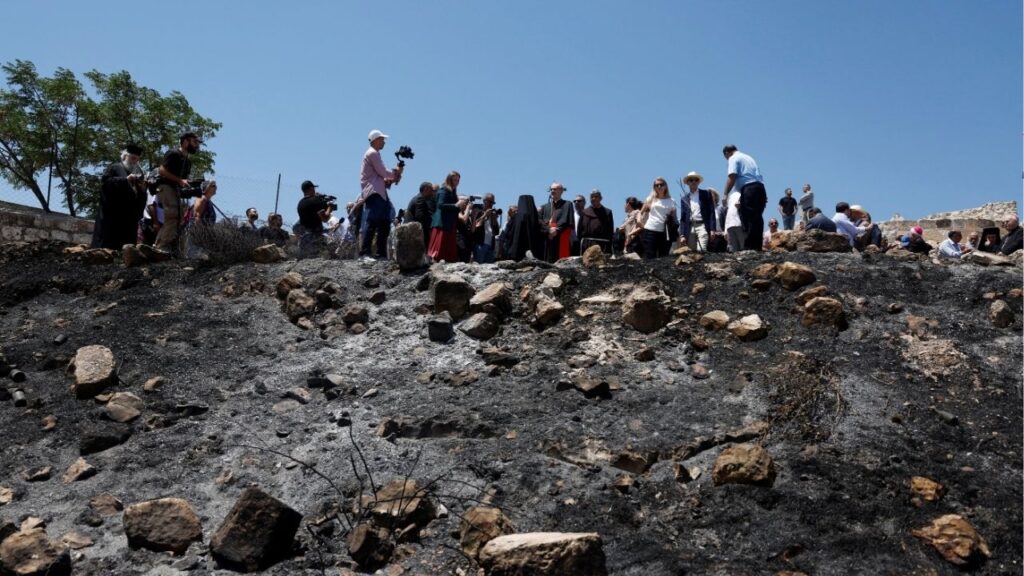 Church leaders and diplomatic envoys visit the town of Taybeh, a Chrisian village in the Israeli-Occupied West Bank, following settler attacks, July 14, 2025. (Reuters/Mohammed Torokman)
