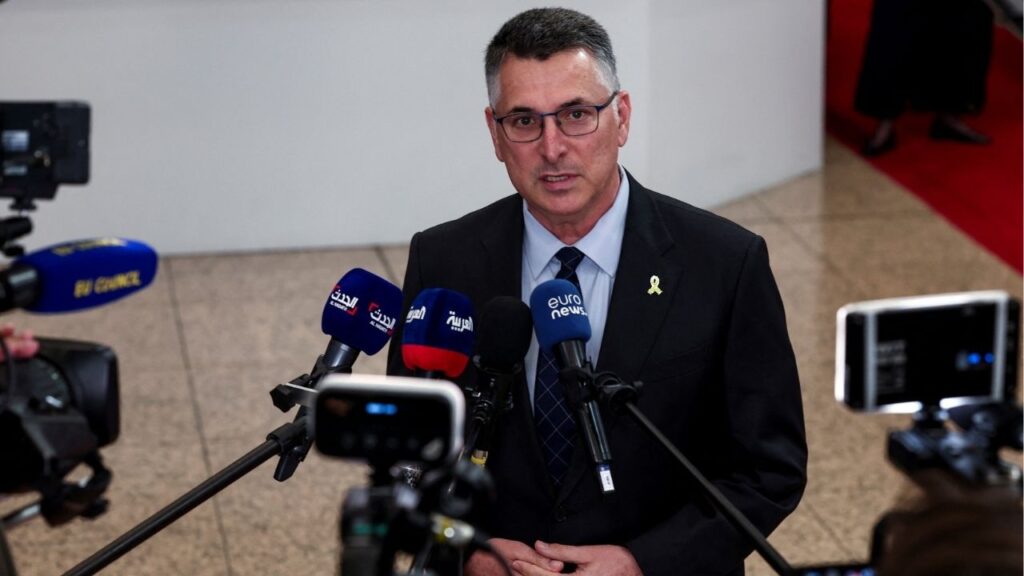 Israeli Foreign Minister Gideon Saar speaks to the media as he arrives at the 5th EU-Southern Neighborhood Ministerial meeting in Brussels, Belgium, July 14, 2025. (Reuters/Yves Herman)