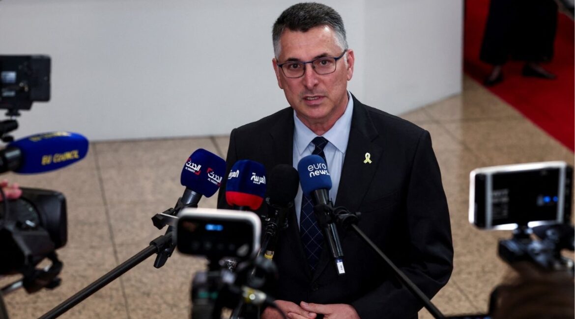 Israeli Foreign Minister Gideon Saar speaks to the media as he arrives at the 5th EU-Southern Neighborhood Ministerial meeting in Brussels, Belgium, July 14, 2025. (Reuters/Yves Herman)