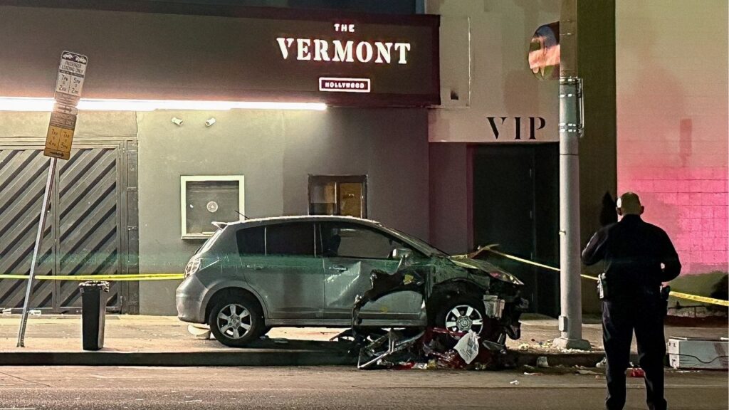 A vehicle that plunged into a crowd outside a nightclub, injuring dozens, is seen on Santa Monica Boulevard in the East Hollywood neighborhood of Los Angeles, California, U.S., July 19, 2025. REUTERS/Jorge Garcia