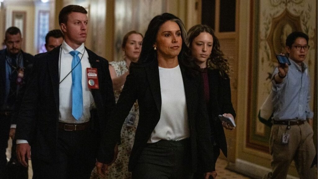 Tulsi Gabbard, the Trump administration’s director of national intelligence, at the Capitol on Tuesday, June 17, 2025. Gabbard released a declassified version of a 2020 House Intelligence Committee report on July 23, 2025 that she said undermined the conclusion of intelligence agencies during the Obama administration that Russia favored the election of Donald Trump in 2016. (Eric Lee/The New York Times)